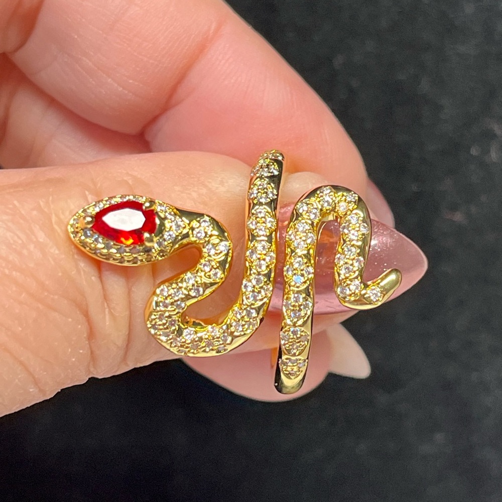 Cute red and gold SNAKE ring with GEM eyes-gold over brass